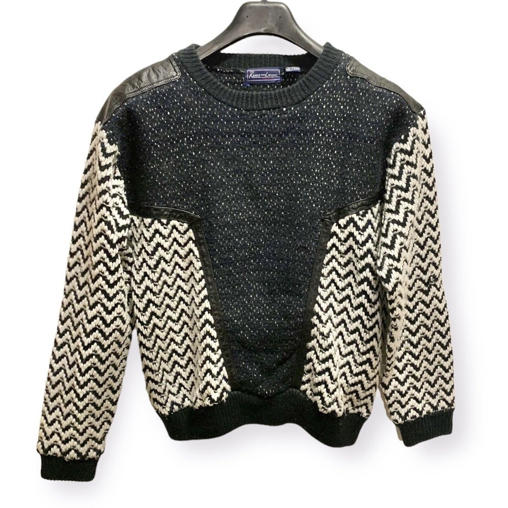 Vintage Sz M Heavy Weight Sweater Leather Zig Zag 80s New Wave Black White